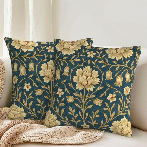 Blue Brown Red Vintage Floral Decorative Pillow Covers 18x18 Inch Set
