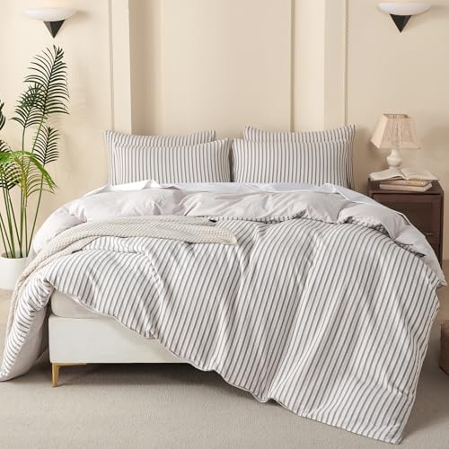 King Grey Duvet Cover Striped Washed Microfiber Jacquard 3 Pieces