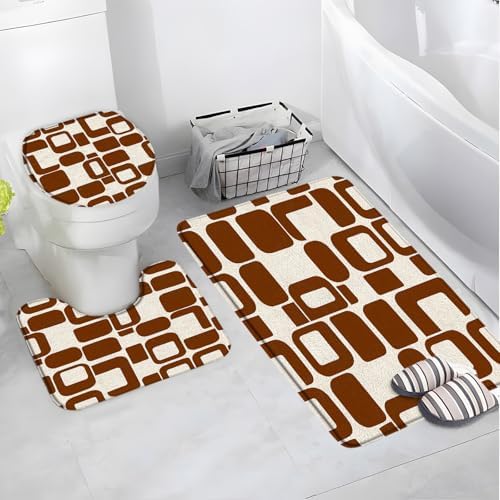 4 Piece Memory Foam Bath Mat Set,Brown Geometric Mid Century Boho