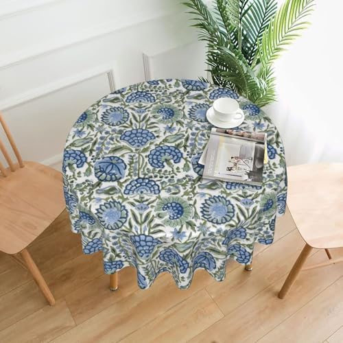 Blue Sage Green Floral Round Tablecloth 70 Inch Chinoiserie Flower