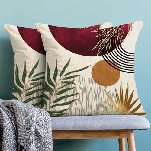 Boho Pillow Covers 18x18 Set of 2 Mid Century Burgundy Red Green Gold