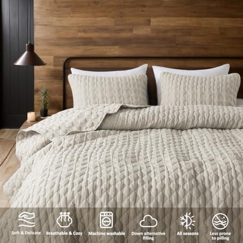 WDCOZY Light Beige Quilt King Size Bedding Set with 2 Pillow Shams
