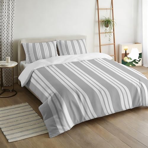 3 Pieces Bedding Set King Size, Striped Grey Soft Duvet Covers Set