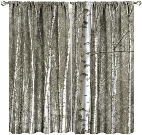 White Birch Tree Blackout Curtains, Neutral Gray Winter Forest Print
