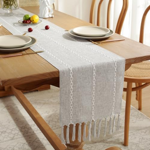 Wracra Rustic Linen Table Runner, Light Grey Table Runners 72 inches