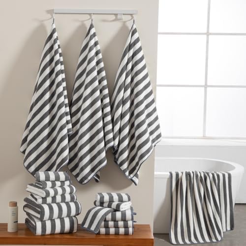 18 Pcs Gray Stripe Bath Towel Set with Hanging Loop-6 Bath Towels,6