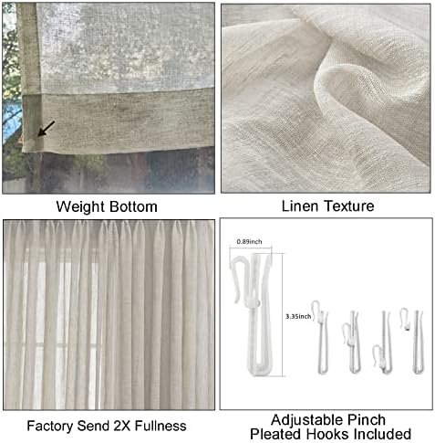 Beige Sheer Curtains 108 inches Long, Pinch Pleated Faux Linen Window