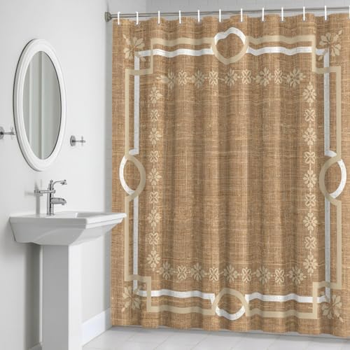 QueenKer Brown Double Lines Shower Curtain Modern Linen Texture