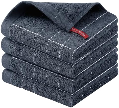 Homaxy 100% Cotton Terry Kitchen Dish Cloths, 4 Pack, Dark Grey