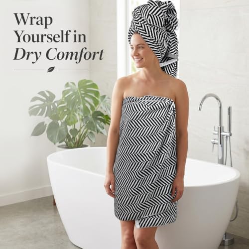 Cleanbear 8 Piece Black and White Herringbone Towel Set, 100% Cotton