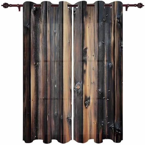 Curtains 96 Inches Long 2 Panels, Brown Wooden Grain Grommets Window