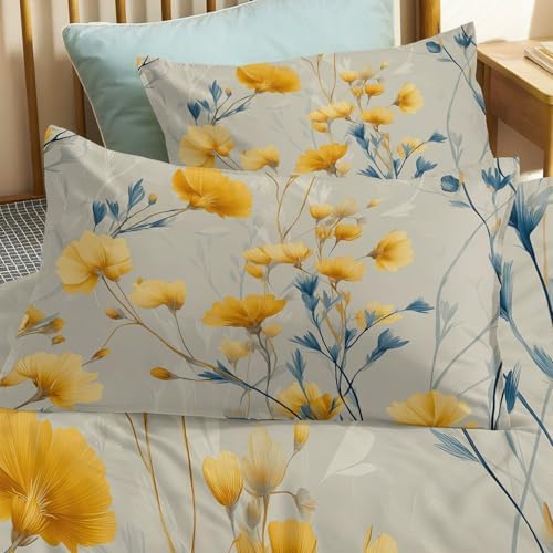 Plant Wildflowers Duvet Cover King, Minimalism Bedding Set 3 Piece