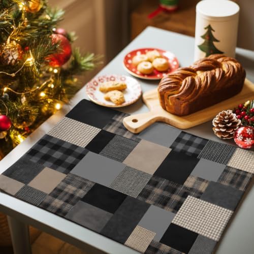 Gray Gingham Placemats Set of 8, Cotton Linen Fabric Place Mats