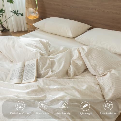 MooMee Striped Duvet Cover Set 100% Washed Cotton Linen Like King