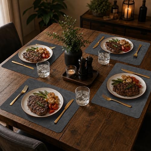 Maxpearl Faux Leather Placemats Set of 6, Easy to Clean, Dark Grey