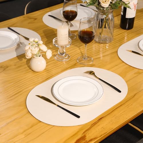 Placemats Set of 6 Double-Sided Faux Leather Leaf Design Oval