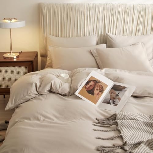 AZMTOP Soft Breathable Beige Duvet Cover Set 3 Pieces Queen Size
