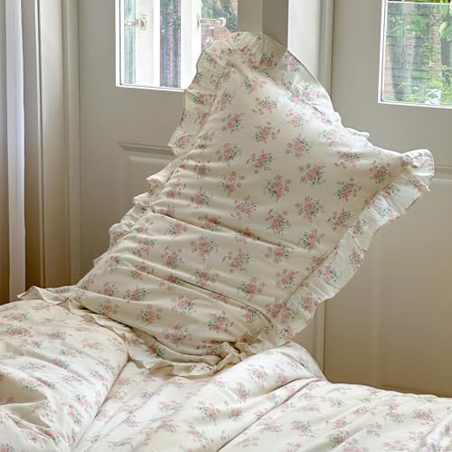 mixinni Pink Floral Duvet Cover Set Queen Size - 100% Cotton Ruffle