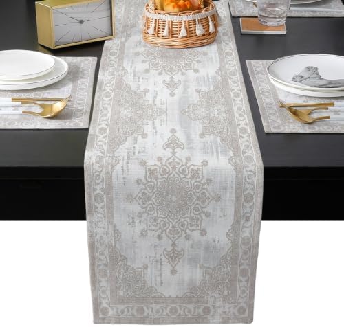 Beige Grey Contemporary Table Mats Set of 6 with Table Runner