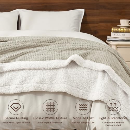 PHF Waffle Sherpa Blanket King Warm for Winter, 104"x90", Light Taupe