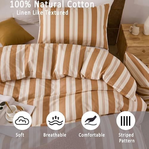 Merryword Khaki Striped Duvet Cover Set King Size, 100% Cotton Bedding
