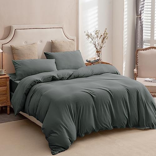 PURE ERA Jersey Knit Duvet Cover Set Solid Dark Greenish Gray Queen