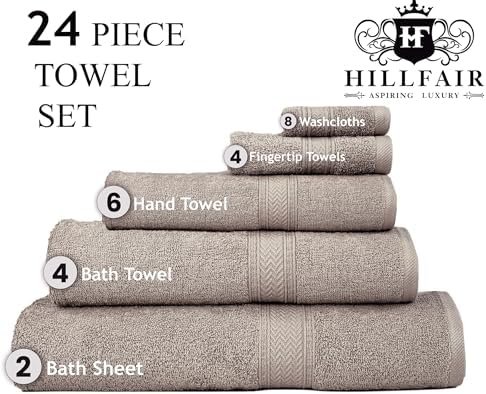 HILLFAIR 100% Cotton 24 PC Bulk Pack - Hotel Spa Bath Towels Set