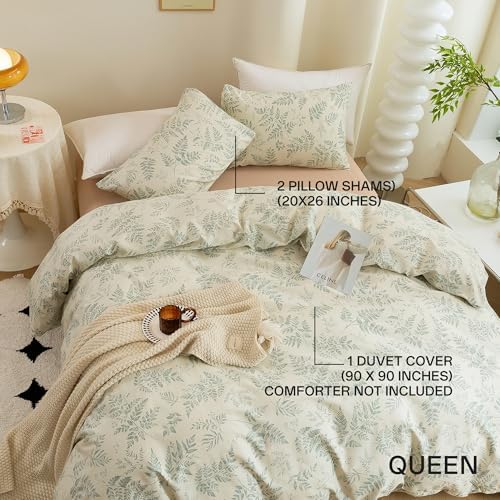 ECOCOTT 3 Pieces Duvet Cover Set with Vintage Green Leaves Pattern