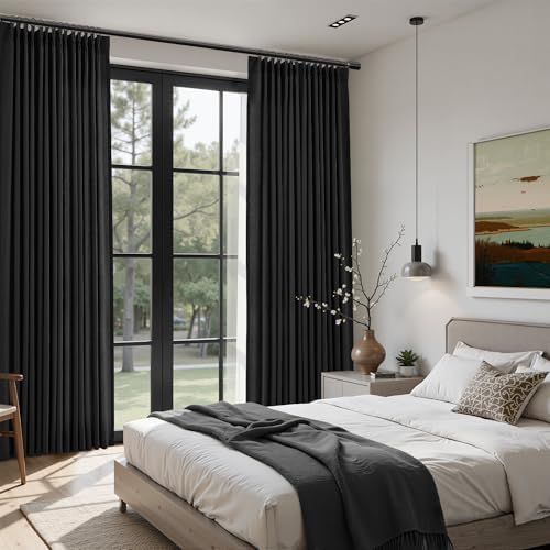 Black Pinch Pleated Linen Curtains 84 inches Long 2 Panels for Living
