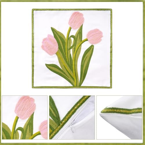 Embroidered Boho Floral Pillow Covers 18x18 Set of 2 Pink
