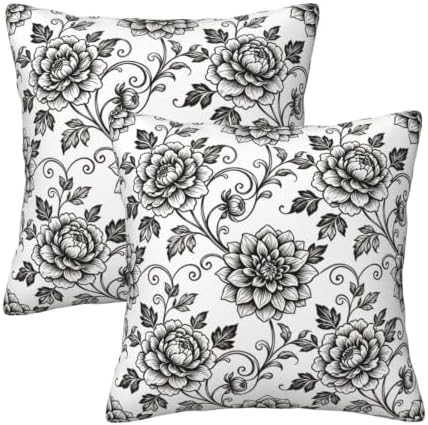 Black White Toile Throw Pillow Covers 18x18 Set of 2 Vintage Floral