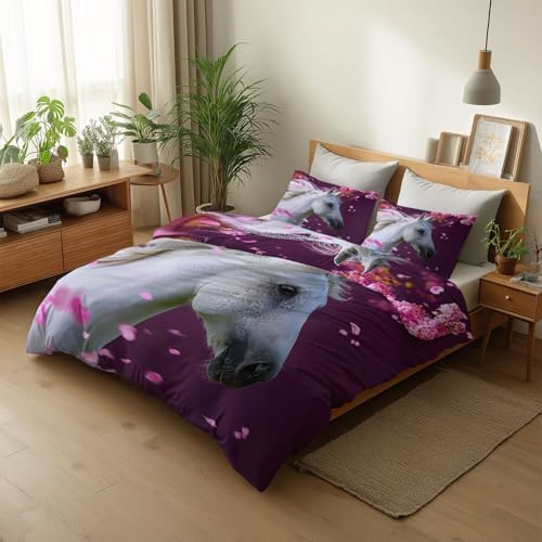 California King Duvet Cover Set Animal Horse Cherry Blossoms Flying