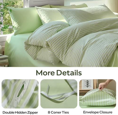 JELLYMONI 100% Cotton Printed Striped Cal King Duvet Cover Set, Sage