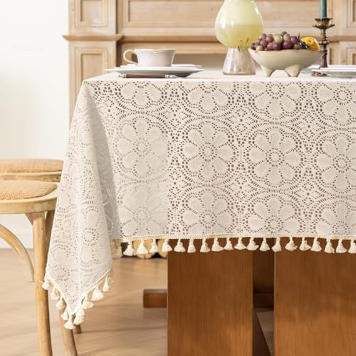 Boho Crochet Cotton Lace Tablecloth Rectangle 52 x 70 Inch Beige