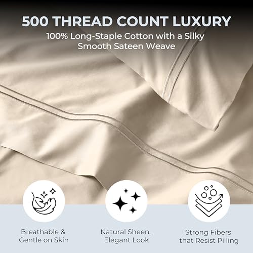 Twin Sheet Set, 500 TC Single-Ply Cotton Sateen, 3-Piece, Cream Beige