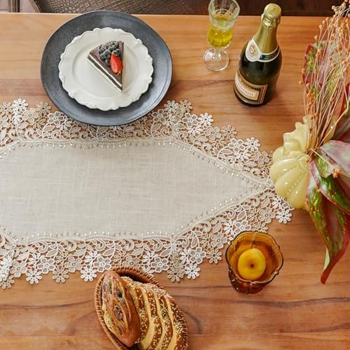 ARTABLE Small Lace Table Runner Stone Natural Linen Macrame