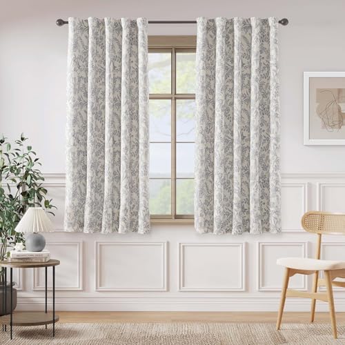 Lazzzy Grey Floral Linen Lined Curtains Rod Pocket 50W X 63L 2 Panels