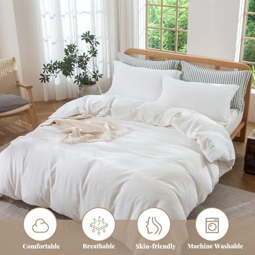 MILDLY White Textured Duvet Cover Set 3pcs Dual Zipper Queen