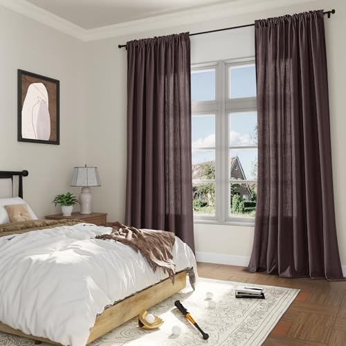 Guken Linen Curtains 96 Inch Long for Living Room Rod Pocket Coffee