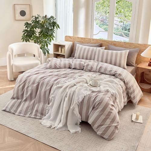Striped Duvet Cover Set 100% Washed Cotton Linen Like Super Soft Chic