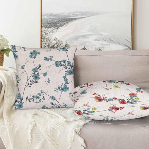 Floral Throw Pillow Covers Set of 2,Ancient Green Red Yellow Flowers
