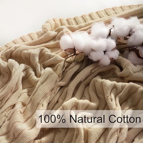 100% Cotton Cable Knit Throw Blanket, Ultra Soft, Warm, Machine