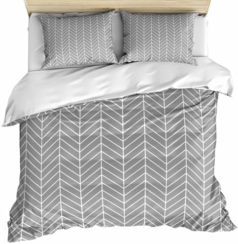 Grey Geometric Bedding 3 Piece Duvet Cover Set Queen Size, Modern Pure