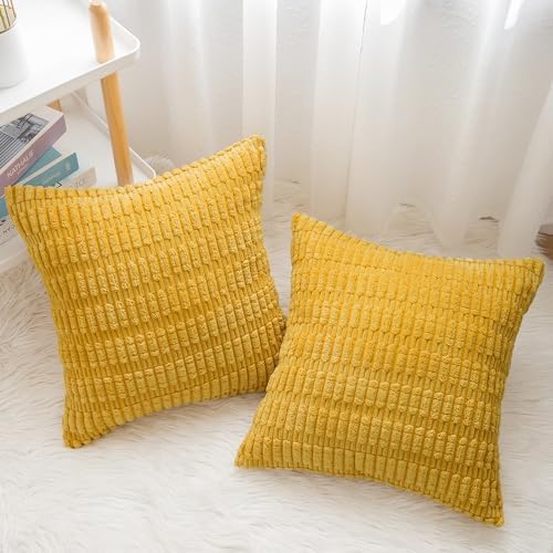 Corduroy Decorative Throw Pillow Covers, Boho Stripe Soft Square