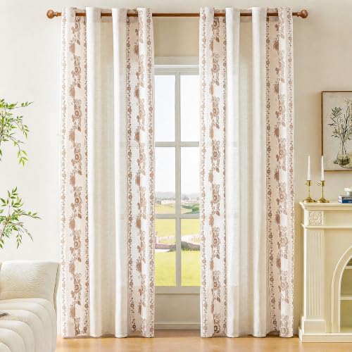 Taupe Boho Floral Linen Curtains for Living Room 96 Inch 2 Panels