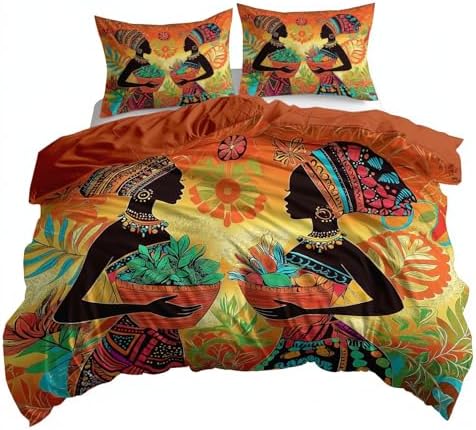 King Duvet Cover Set African Woman Geometric Flowers Soft Microfiber