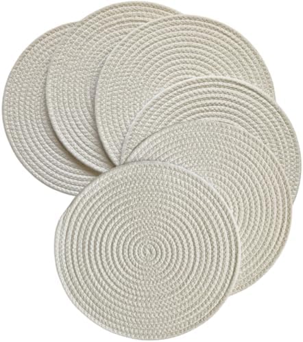 WAZAIGUR Round Placemats Set of 6 Thick Cotton Rope, 13inch, Cream