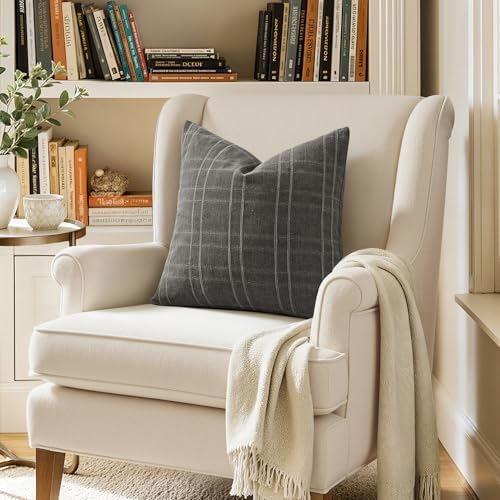 MIULEE Linen Plaid Pillow Covers Decorative Euro 24x24 Charcoal Gray