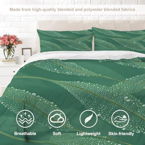 Dewy Sage Leaves 100% Cotton Duvet Cover Set Queen Size, Green with
