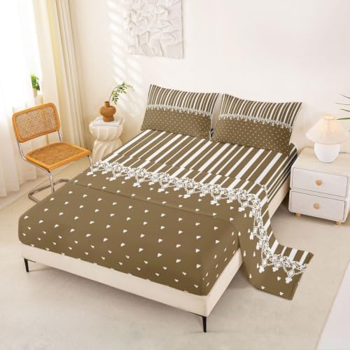 Erosebridal Taupe Heart Striped Bed Sheets Queen for Kids Girls Boys
